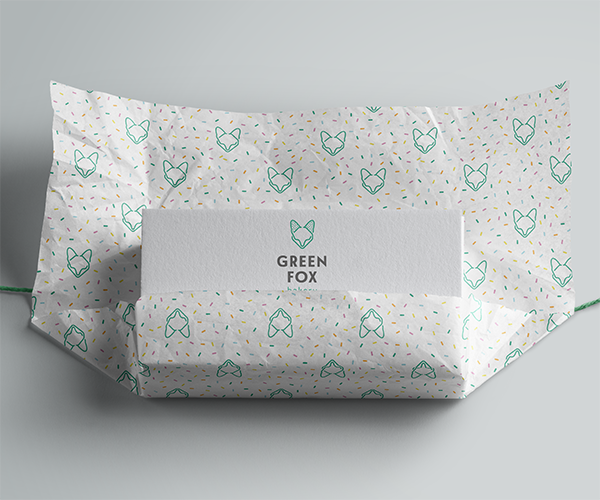 Green Fox Bakery: Card within brand-patterned paper